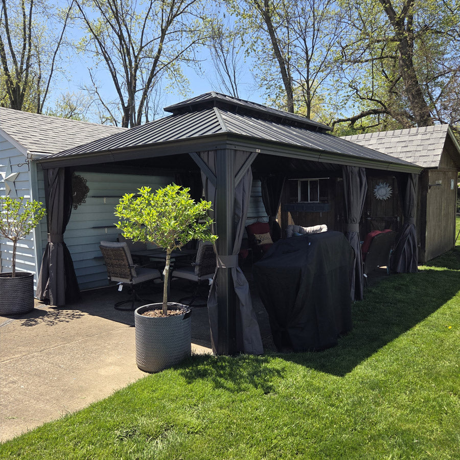 PURPLE LEAF Patio Gazebo for Backyard Grey Hardtop Galvanized Steel Roof Awning with Upgrade Curtain