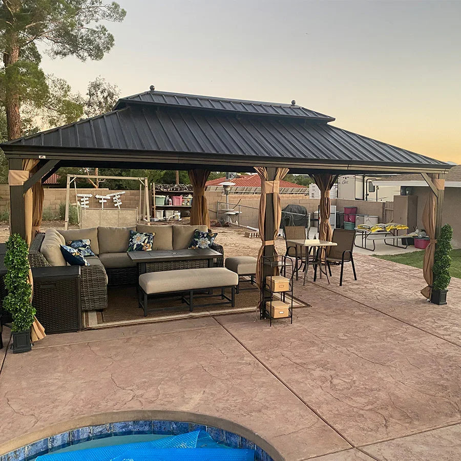 PURPLE LEAF Outdoor Hardtop Gazebo for Garden Bronze Double Roof Aluminum Frame Pavilion with Reinforcement Support Rod