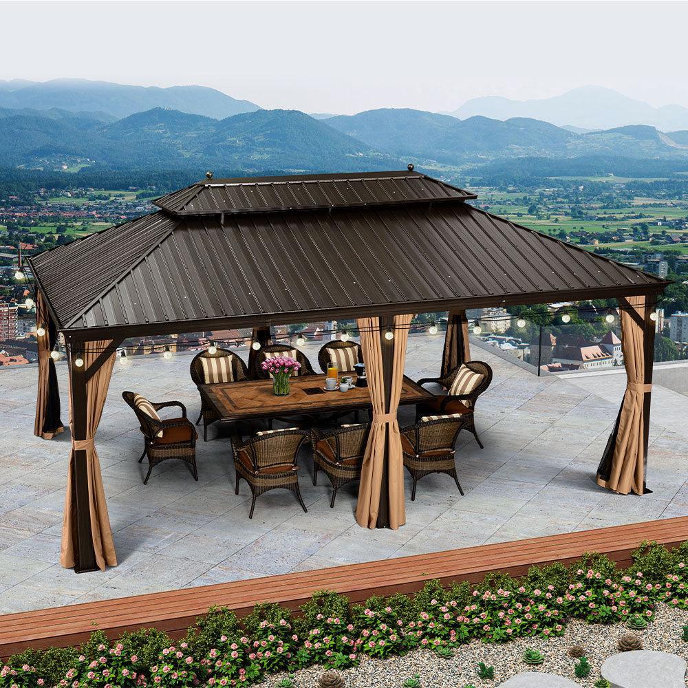 PURPLE LEAF Outdoor Hardtop Gazebo for Garden Bronze Double Roof Aluminum Frame Pavilion with String Lights-milky