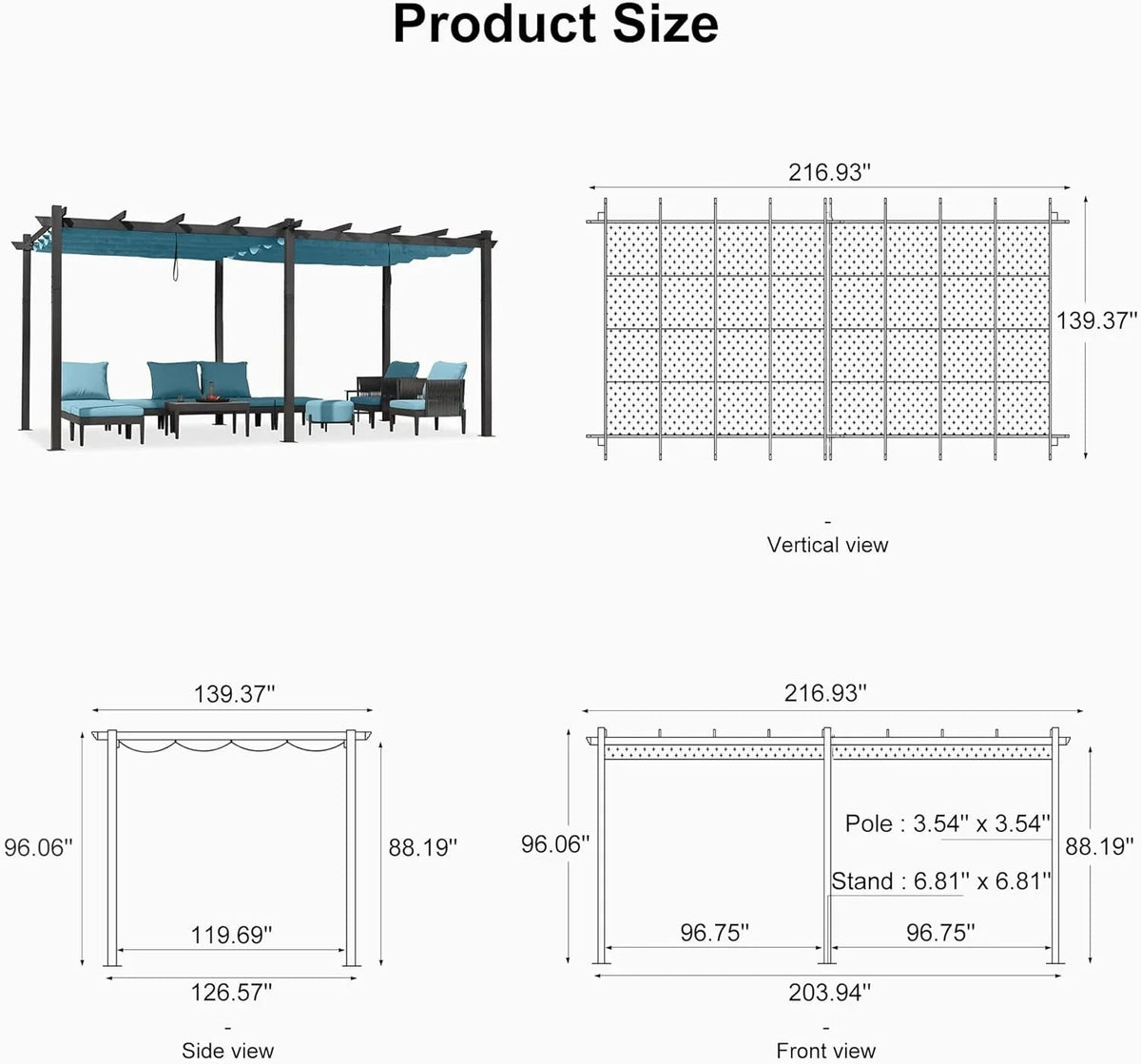 PURPLE LEAF Outdoor Pergola with Retractable Canopy Aluminum Shelter for Beach Porch Garden  Shade Pavilion Pergola  with Curtains
