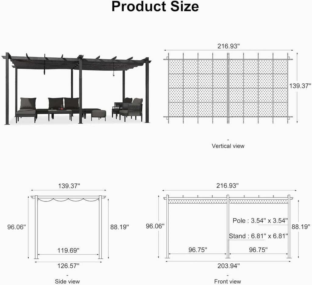 PURPLE LEAF Outdoor Pergola with Retractable Canopy Aluminum Shelter for Beach Porch Garden  Shade Pavilion Pergola  with Curtains