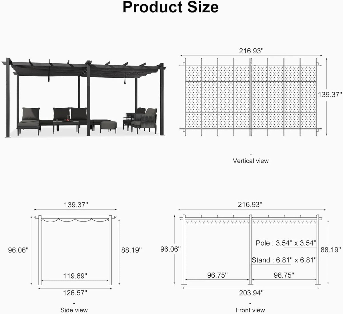 PURPLE LEAF Outdoor Pergola with Retractable Canopy Aluminum Shelter for Beach Porch Garden  Shade Pavilion Pergola  with Curtains