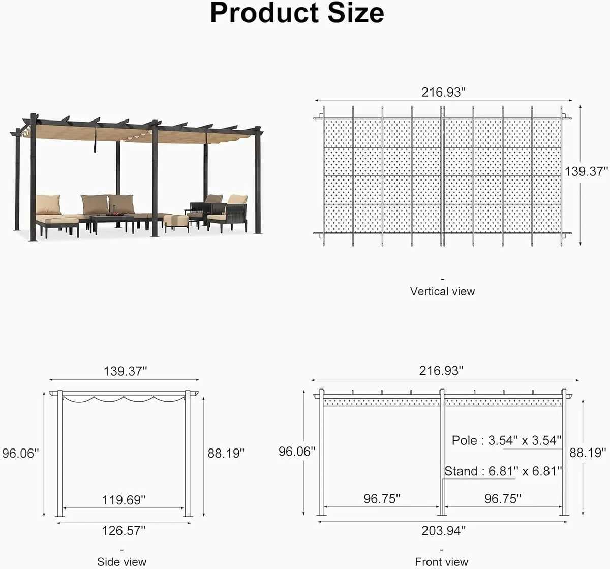 PURPLE LEAF Outdoor Pergola with Retractable Canopy Aluminum Shelter for Beach Porch Garden  Shade Pavilion Pergola  with Curtains