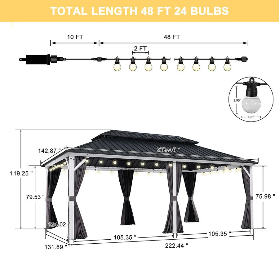 PURPLE LEAF Modern Gazebo Grey Hardtop Galvanized Steel Double Roof White Aluminum Poles with Curtains and Netting with Lights-clear