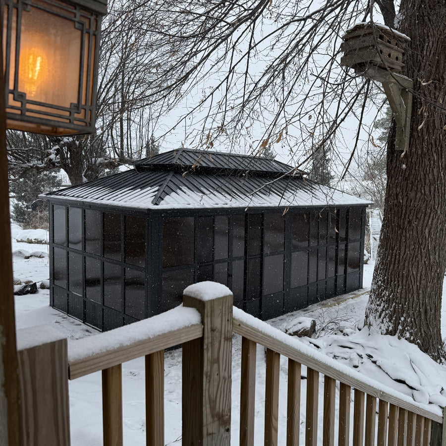 PURPLE LEAF Sunroom Hardtop Gazebo Solarium Grey Galvanized Steel Double Roof  All-Weather Aluminum Outdoor Screen House