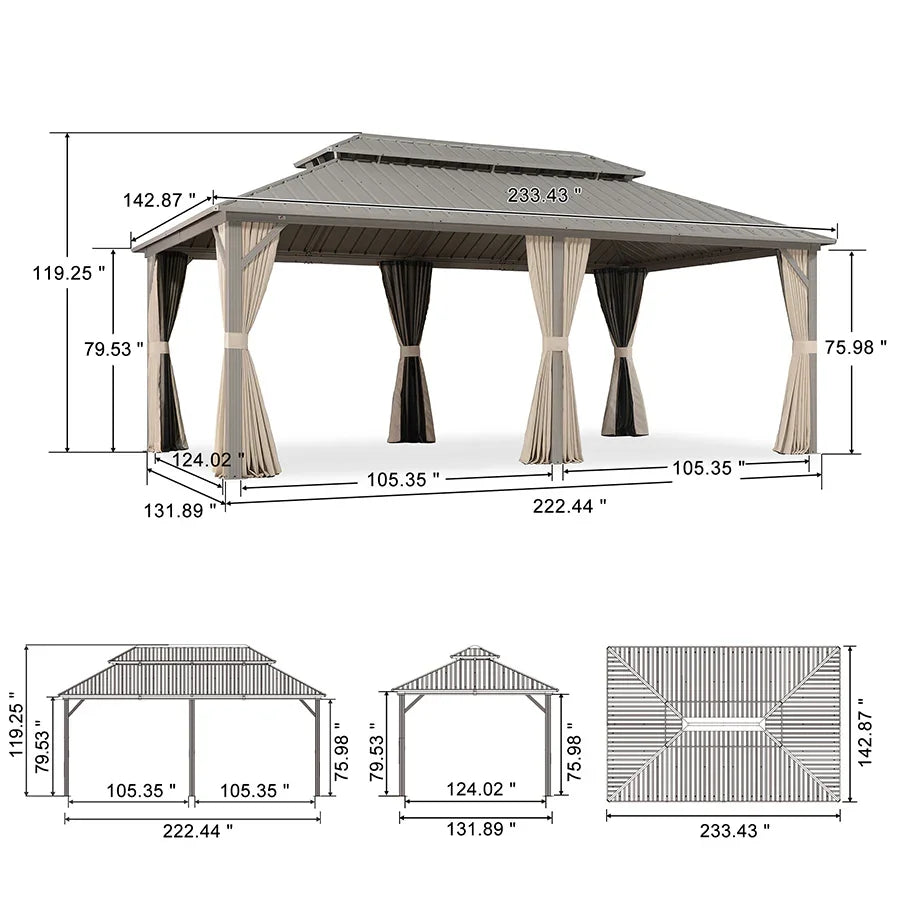 PURPLE LEAF Deck Gazebo Champagne Hardtop Metal Frame Double Roof with Curtains and Netting