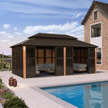 PURPLE LEAF Bronze Frame Sunroom Hardtop Gazebo Solarium Wood Grain Columns Galvanized Steel Double Roof All-Weather Screen House