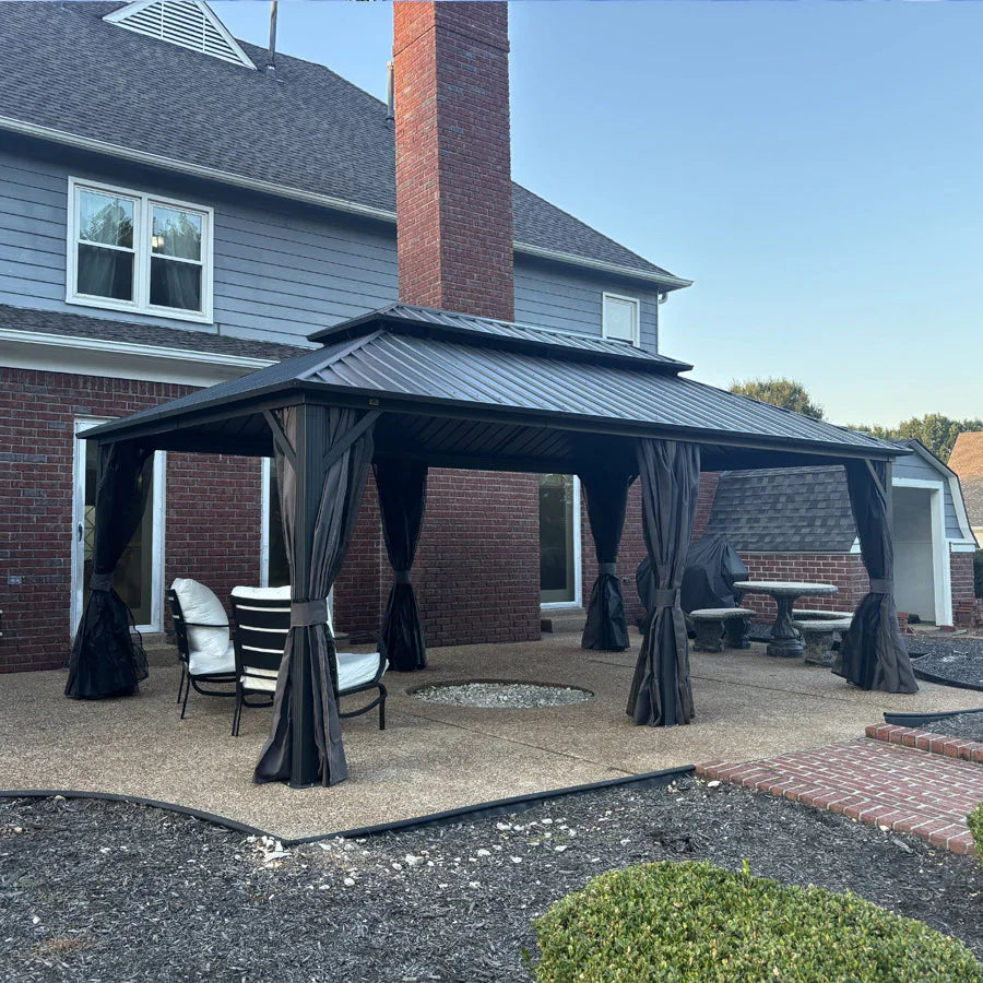 PURPLE LEAF Grey Hardtop Gazebo with Heavy Duty Galvanized Steel Double Roof with Netting and Curtains