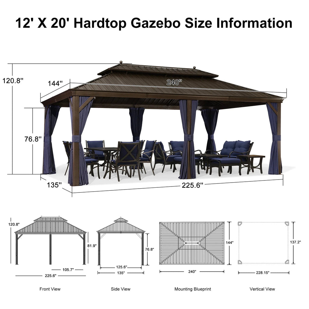 PURPLE LEAF Outdoor Hardtop Gazebo for Patio Bronze Aluminum Frame Pavilion with Navy-Blue Curtain and String Lights-milky