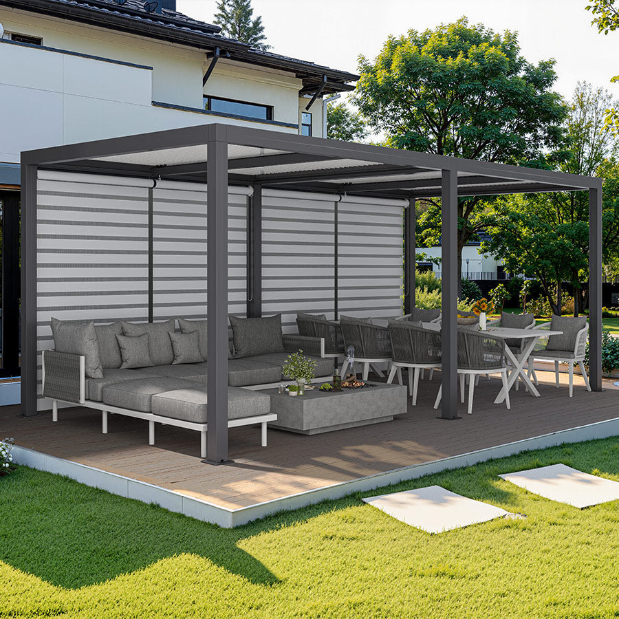 PURPLE LEAF Athena Louvered Pergola Grey Outdoor Aluminum Pergola with Roller Blinds Adjustable Gazebo Rainproof for Patio Deck Garden