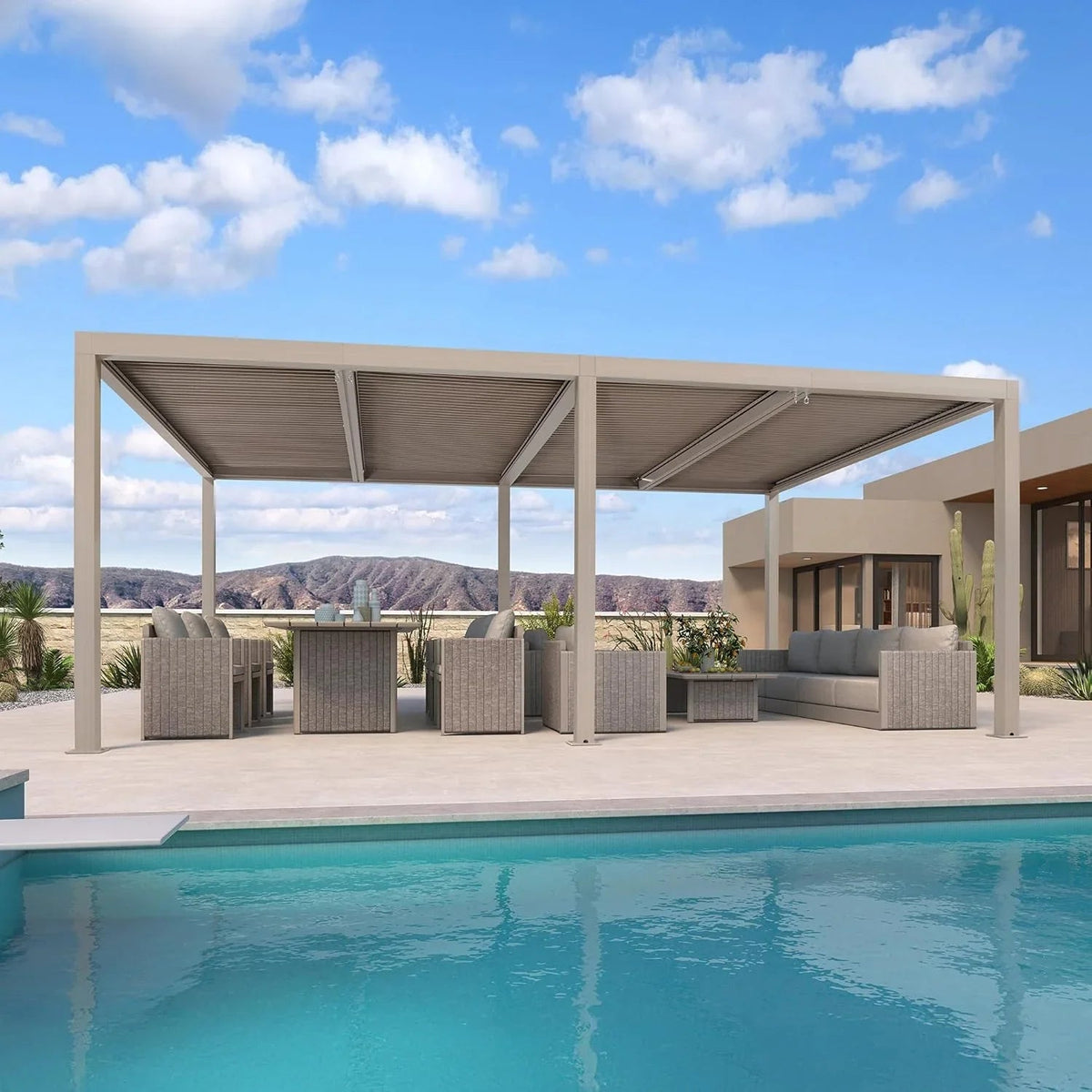 PURPLE LEAF Athena Louvered Pergola Modern Champagne Pergola with Adjustable Roof for Deck Backyard Garden