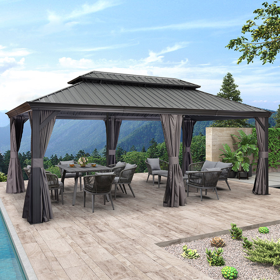 PURPLE LEAF Patio Gazebo for Backyard Grey Hardtop Galvanized Steel Roof Awning with Reinforcement Support Rod