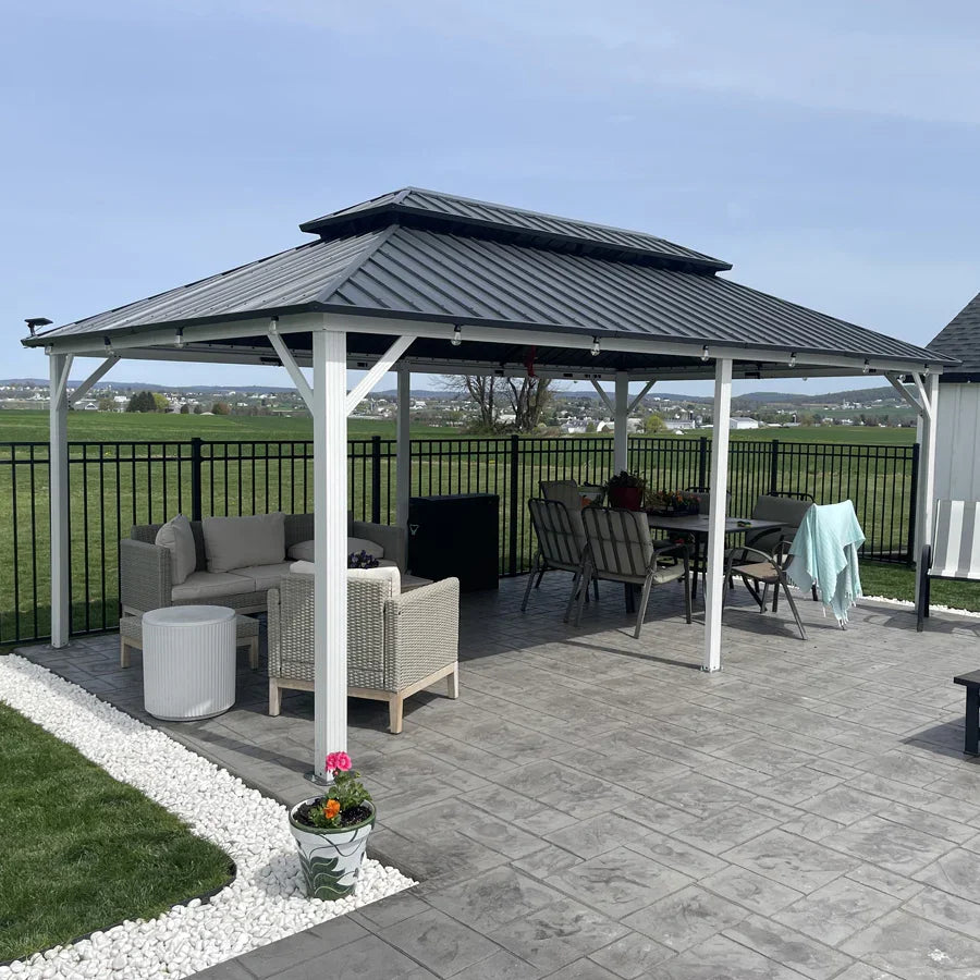 PURPLE LEAF Modern Gazebo Grey Hardtop Galvanized Steel Double Roof White Aluminum Poles with Curtains and Netting with Lights-clear