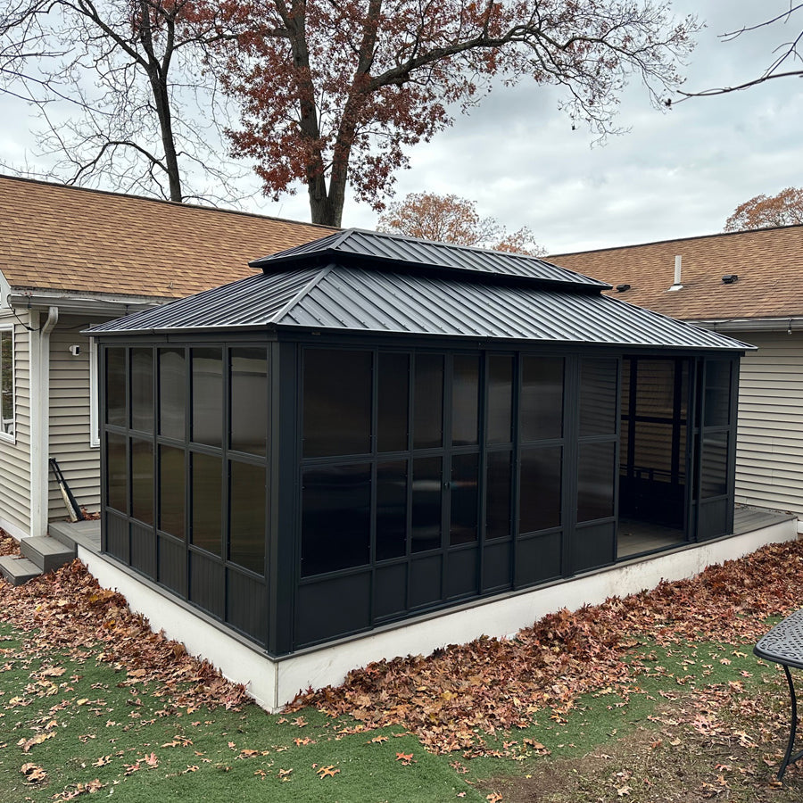 PURPLE LEAF Sunroom Hardtop Gazebo Solarium Grey Galvanized Steel Double Roof  All-Weather Aluminum Outdoor Screen House with String Lights