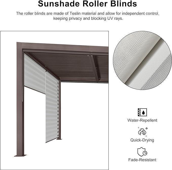 PURPLE LEAF Athena Louvered Pergola Bronze Outdoor Aluminum Pergola with Roller Blind Adjustable Gazebo for Patio Deck Garden