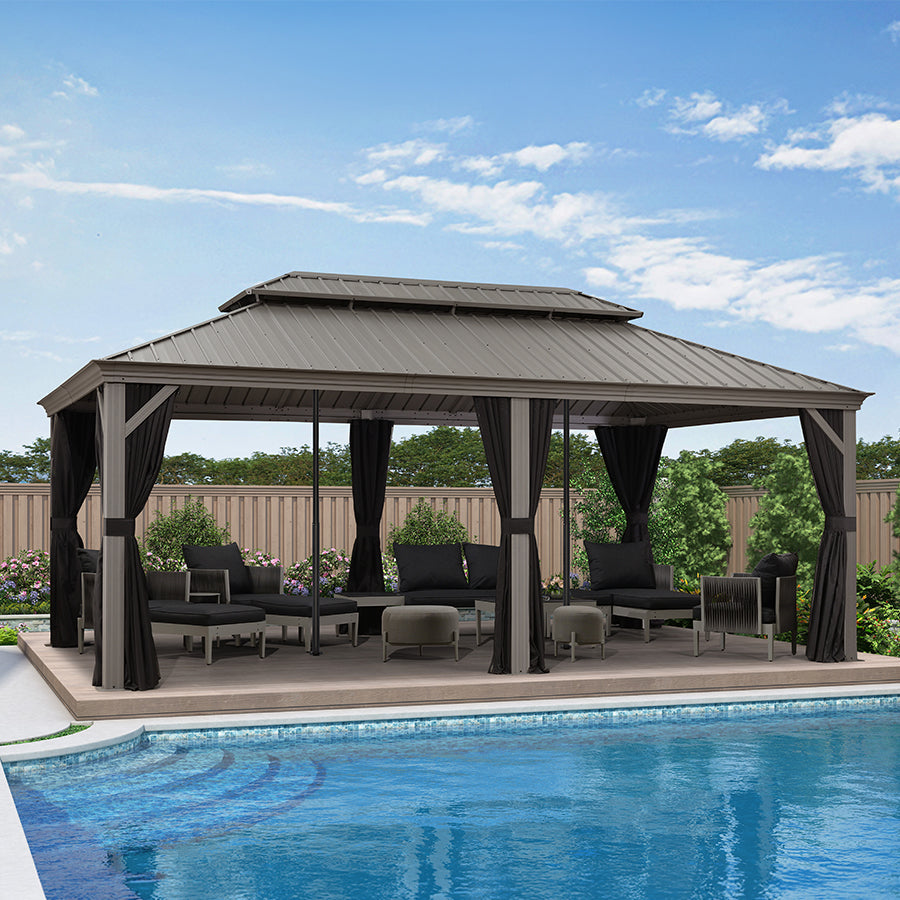 PURPLE LEAF Patio Gazebo for Pool Light Grey Hardtop Galvanized Steel Roof with Reinforcement Support Rod