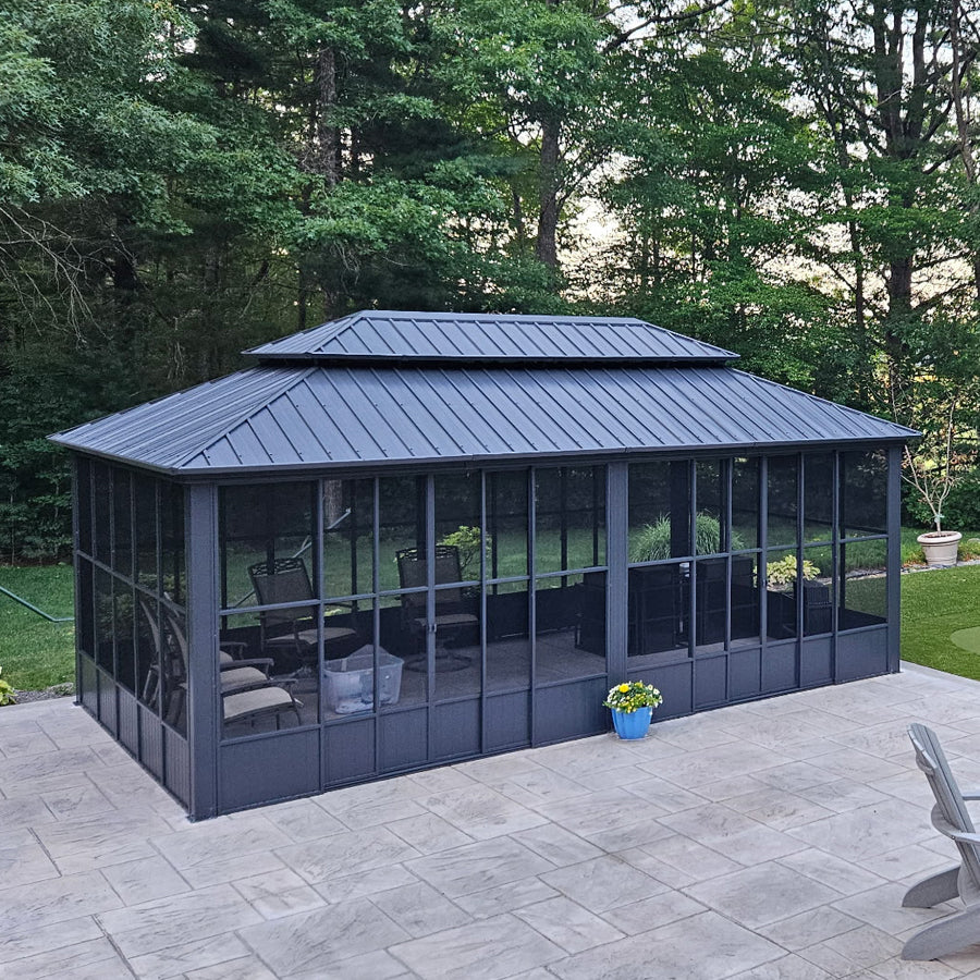 PURPLE LEAF Sunroom Hardtop Gazebo Solarium Grey Galvanized Steel Double Roof  All-Weather Aluminum Outdoor Screen House with String Lights