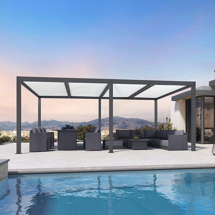 PURPLE LEAF Athena Louvered Pergola Modern Grey Pergola White Roof with Sanori Patio Couch Set Modular Sofas for Deck Backyard Garden