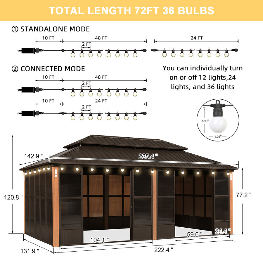 PURPLE LEAF Bronze Frame Sunroom Hardtop Gazebo Solarium Wood Grain Columns Galvanized Steel Double Roof All-Weather Screen House with Lights