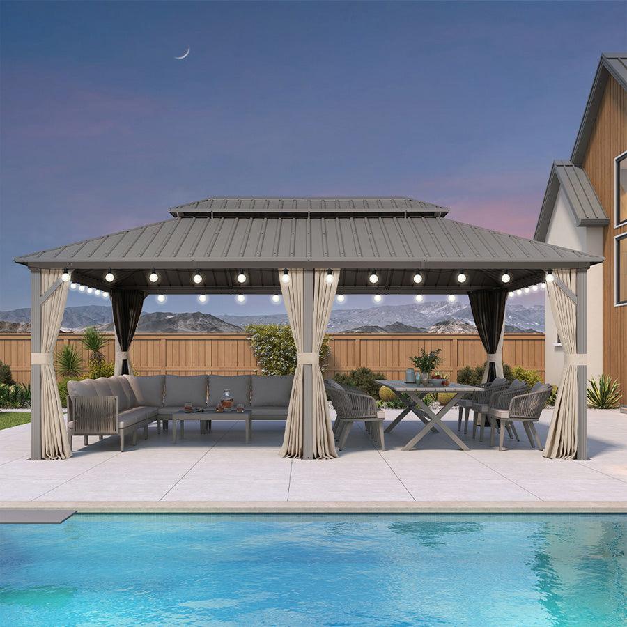 PURPLE LEAF Deck Gazebo Champagne Hardtop Metal Frame Double Roof with Curtains and Netting with Lights-milky