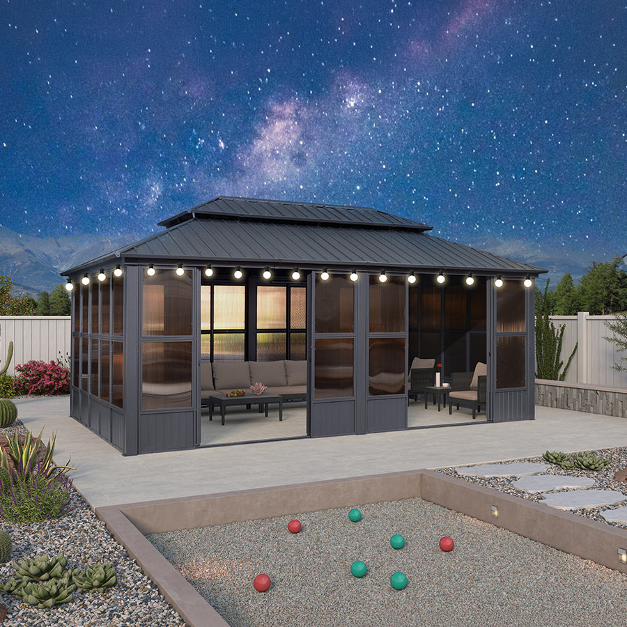 PURPLE LEAF Sunroom Hardtop Gazebo Solarium Grey Galvanized Steel Double Roof  All-Weather Aluminum Outdoor Screen House with String Lights