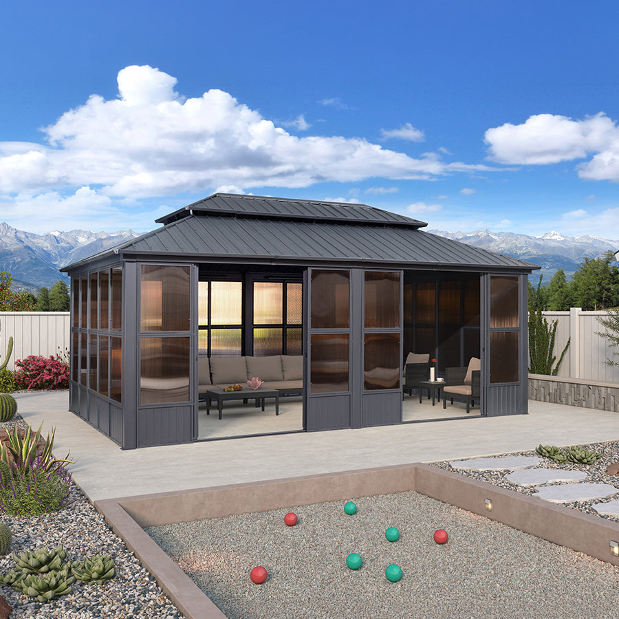 PURPLE LEAF Sunroom Hardtop Gazebo Solarium Grey Galvanized Steel Double Roof  All-Weather Aluminum Outdoor Screen House