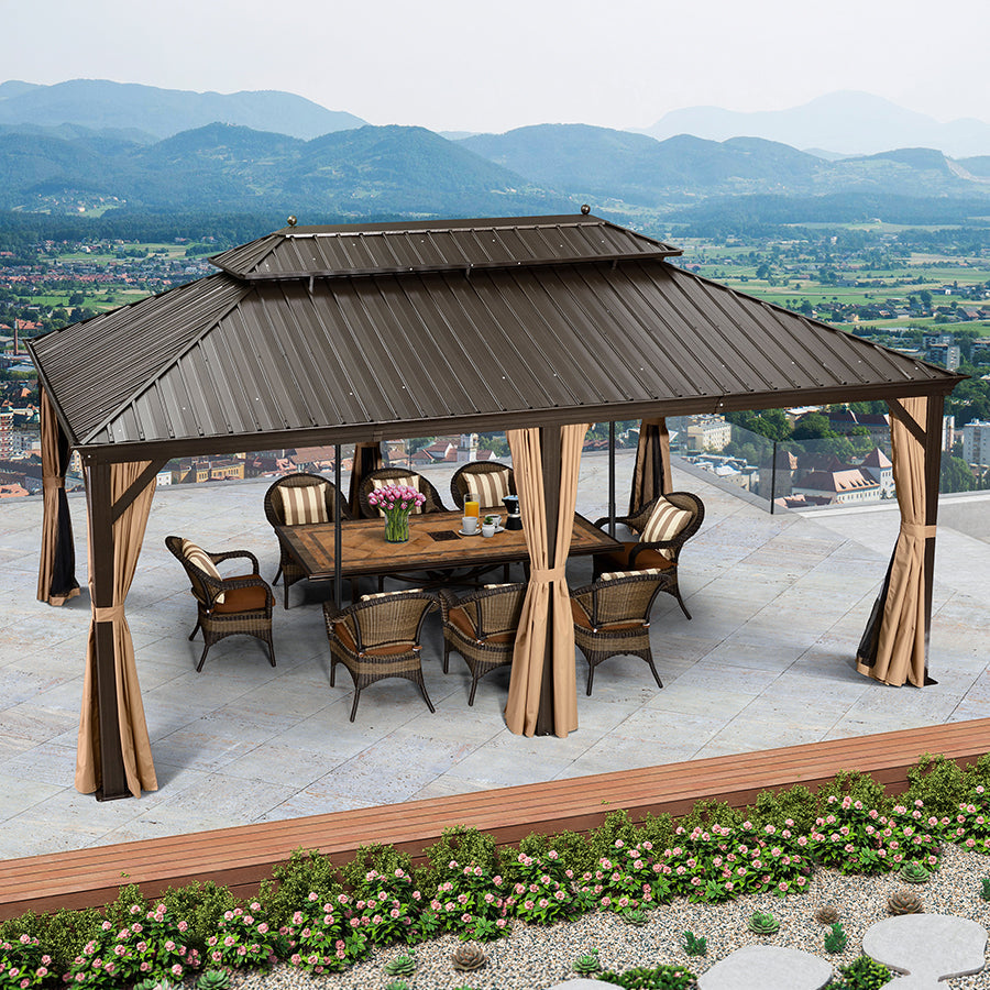 PURPLE LEAF Outdoor Hardtop Gazebo for Garden Bronze Double Roof Aluminum Frame Pavilion with Reinforcement Support Rod