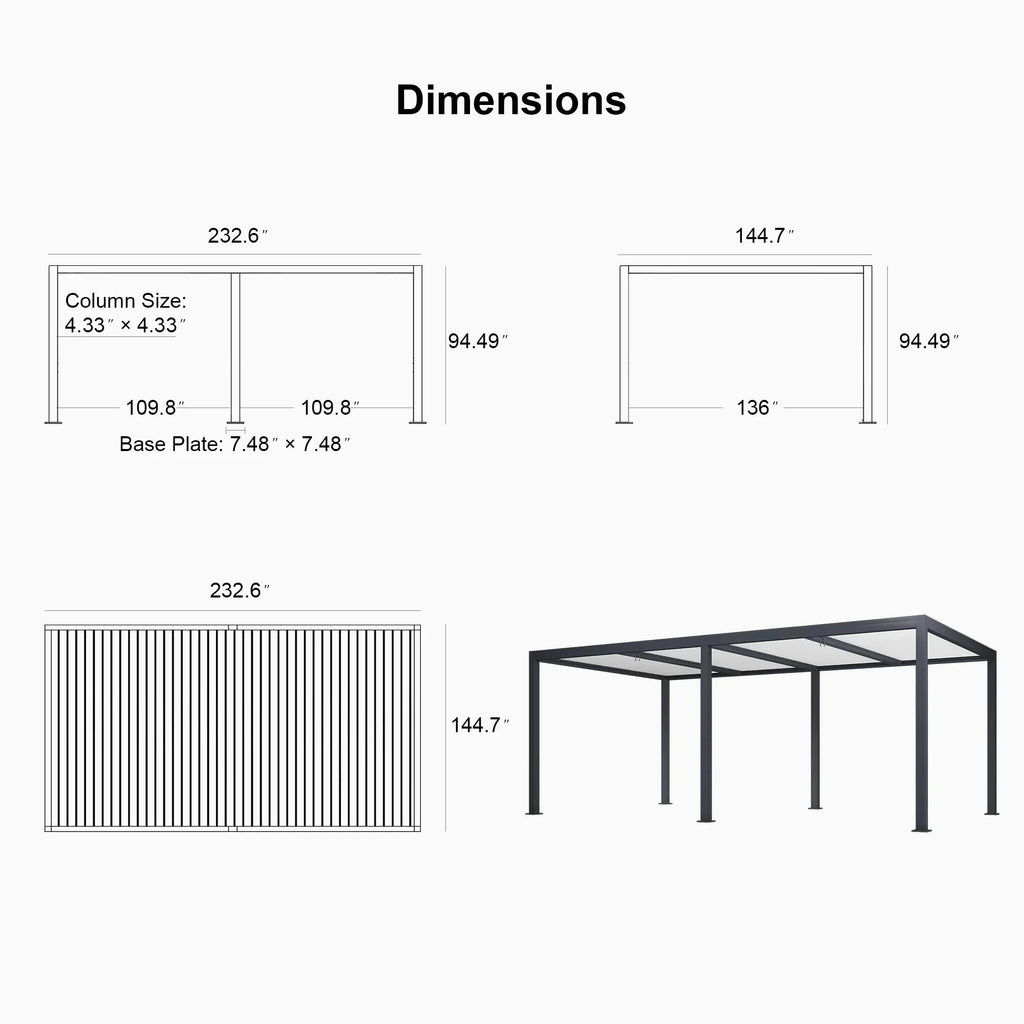 PURPLE LEAF Athena Louvered Pergola Grey Outdoor Aluminum Pergola with Roller Blinds Adjustable Gazebo Rainproof for Patio Deck Garden