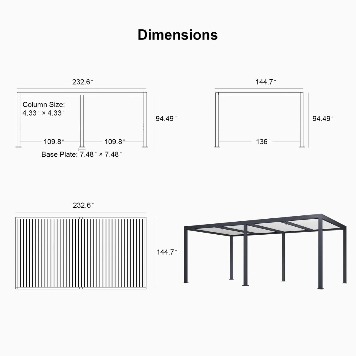 PURPLE LEAF Athena Louvered Pergola Grey Outdoor Aluminum Pergola with Roller Blinds Adjustable Gazebo Rainproof for Patio Deck Garden
