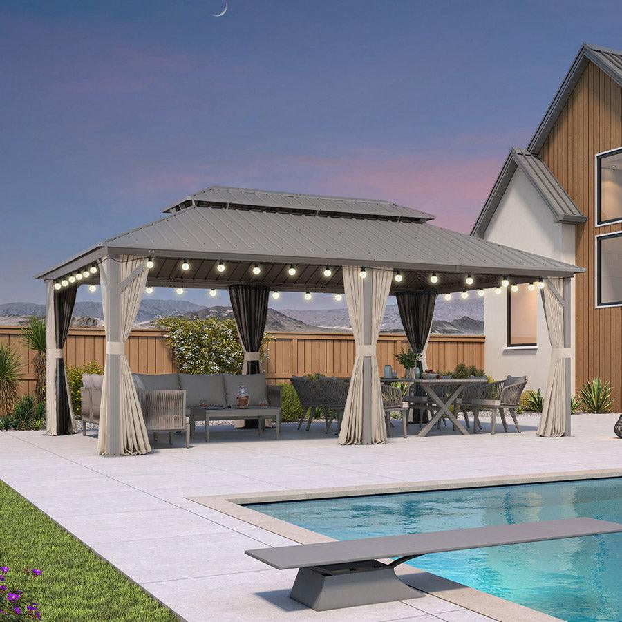 PURPLE LEAF Deck Gazebo Champagne Hardtop Metal Frame Double Roof with Curtains and Netting with Lights-clear