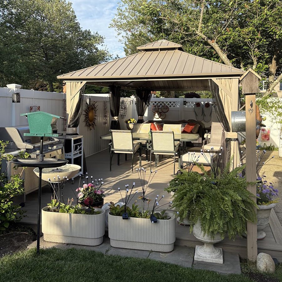 PURPLE LEAF Deck Gazebo Champagne Hardtop Metal Frame Double Roof with Curtains and Netting with Lights-clear