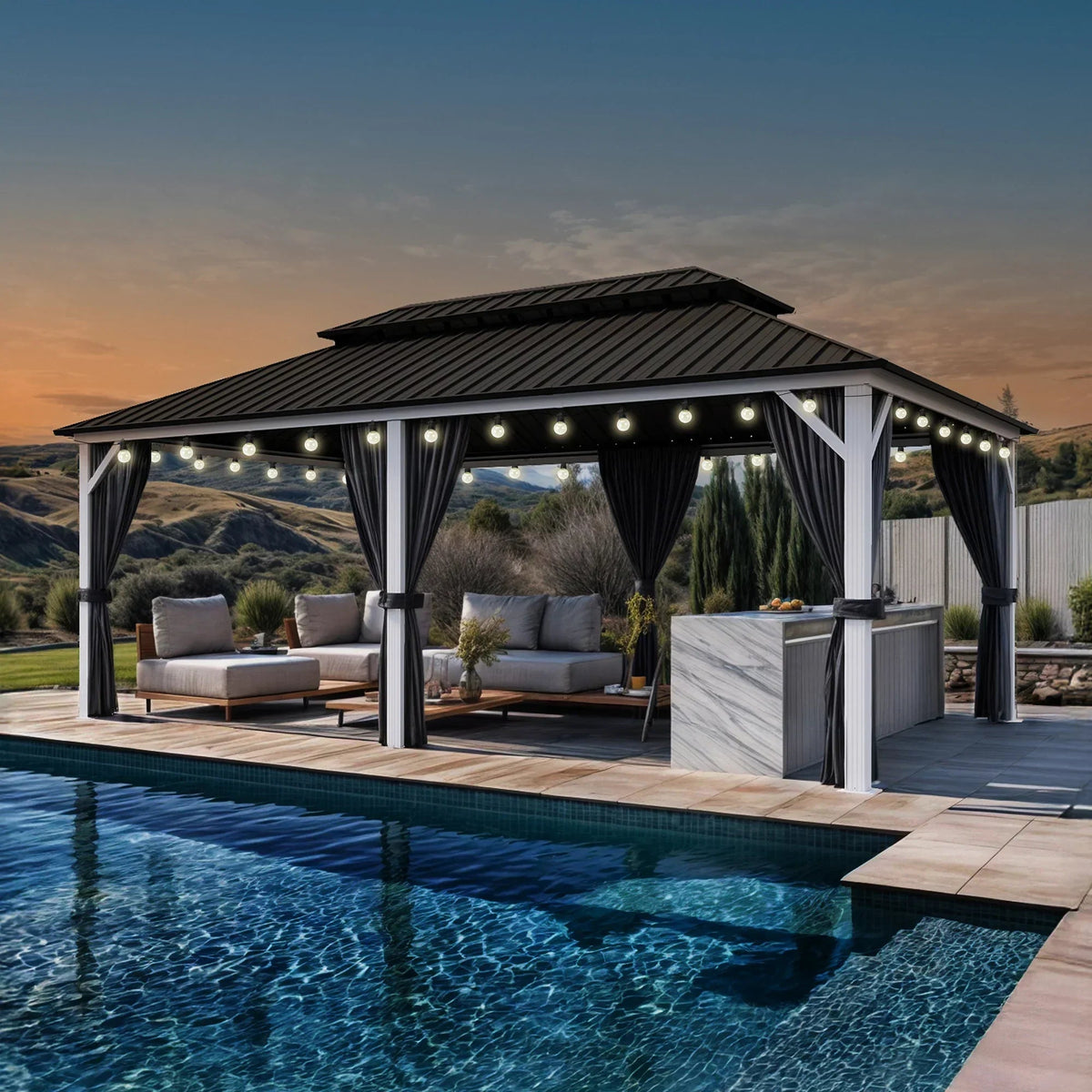 PURPLE LEAF Modern Gazebo Grey Hardtop Galvanized Steel Double Roof White Aluminum Poles with Curtains and Netting with Lights-clear