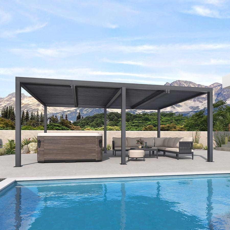 PURPLE LEAF Athena Louvered Pergola Grey Outdoor Aluminum Pergola with Strip Lights Adjustable Gazebo for Patio Deck Garden
