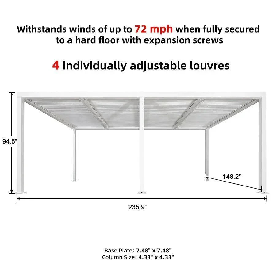 PURPLE LEAF Athena Louvered Pergola White Outdoor Aluminum Pergola with Roller Blind Adjustable Gazebo for Patio Deck Garden