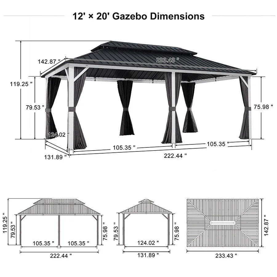 PURPLE LEAF Modern Gazebo Grey Hardtop Galvanized Steel Double Roof White Aluminum Poles with Curtains and Netting
