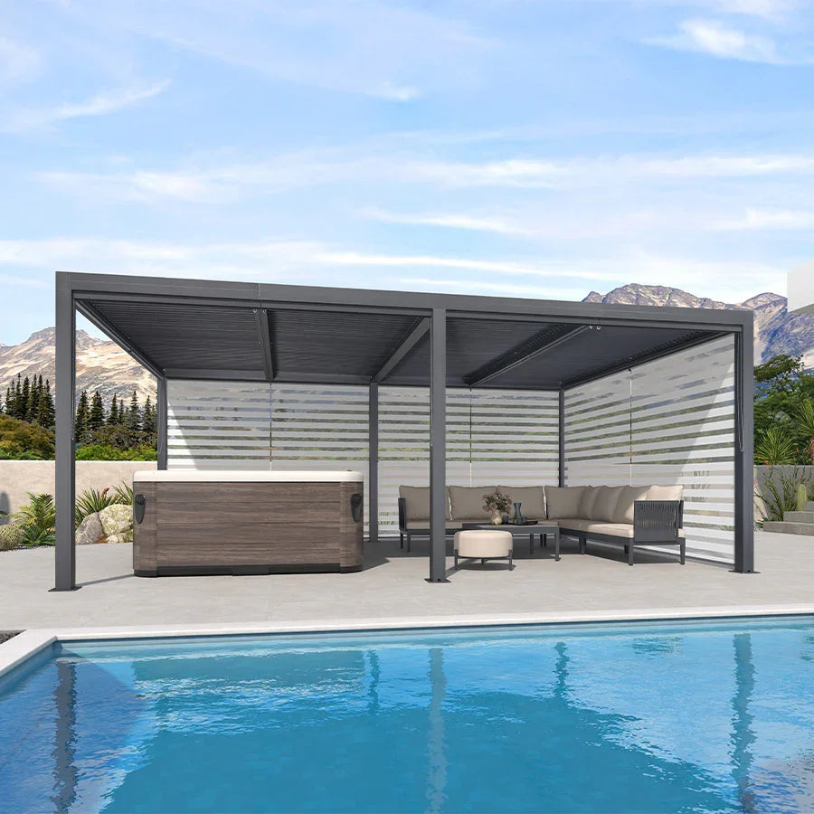 PURPLE LEAF Athena Louvered Pergola Grey Outdoor Aluminum Pergola with Roller Blind Adjustable Gazebo for Patio Deck Garden