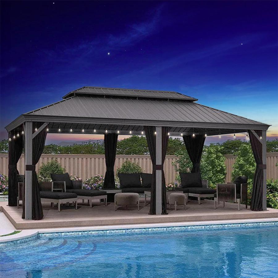 PURPLE LEAF Patio Gazebo for Pool Light Grey Hardtop Galvanized Steel Roof with String Lights-milky
