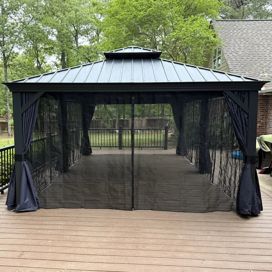 PURPLE LEAF Outdoor Hardtop Gazebo for Patio Grey Aluminum Frame Pavilion with Navy-Blue Curtain