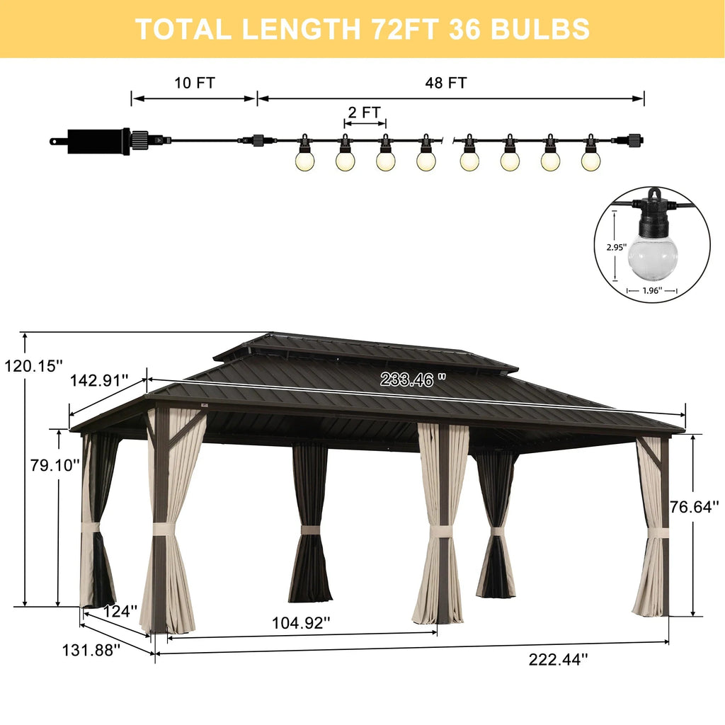PURPLE LEAF Hardtop Gazebo Featuring Galvanized Steel Double Roof and Bronze Aluminum Frame with Curtains and Netting for Poolside with Lights-clear