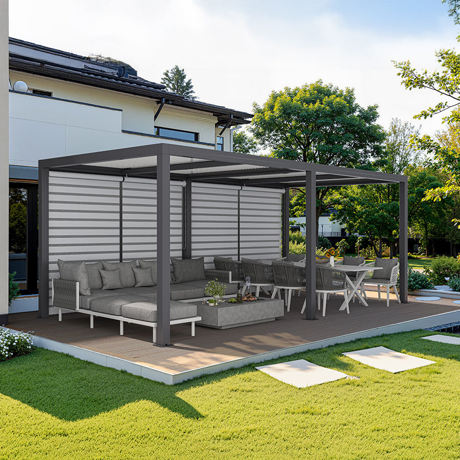 PURPLE LEAF Athena Louvered Pergola Grey Outdoor Aluminum Pergola with Roller Blinds Adjustable Gazebo Rainproof for Patio Deck Garden