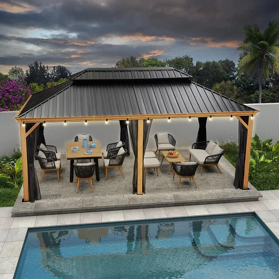 PURPLE LEAF – Pavillon à toit rigide pour terrasse, structure en aluminium effet bois avec guirlande lumineuse – clear