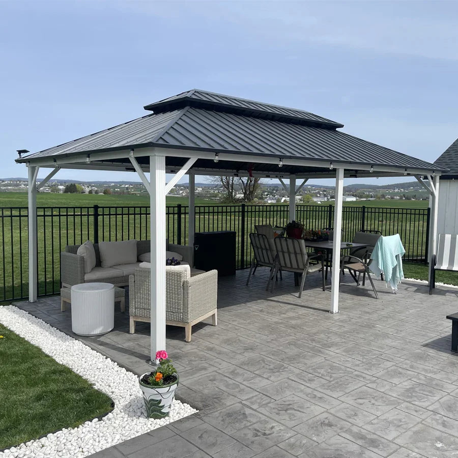 PURPLE LEAF Modern Gazebo Grey Hardtop Galvanized Steel Double Roof White Aluminum Poles with Curtains and Netting with Lights-clear