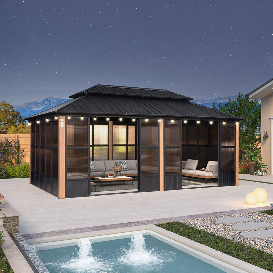 PURPLE LEAF Sunroom Hardtop Gazebo with Wood Grain Columns Black Frame Double Roof Galvanized Steel Solarium All-Weather Screen House with String Lights