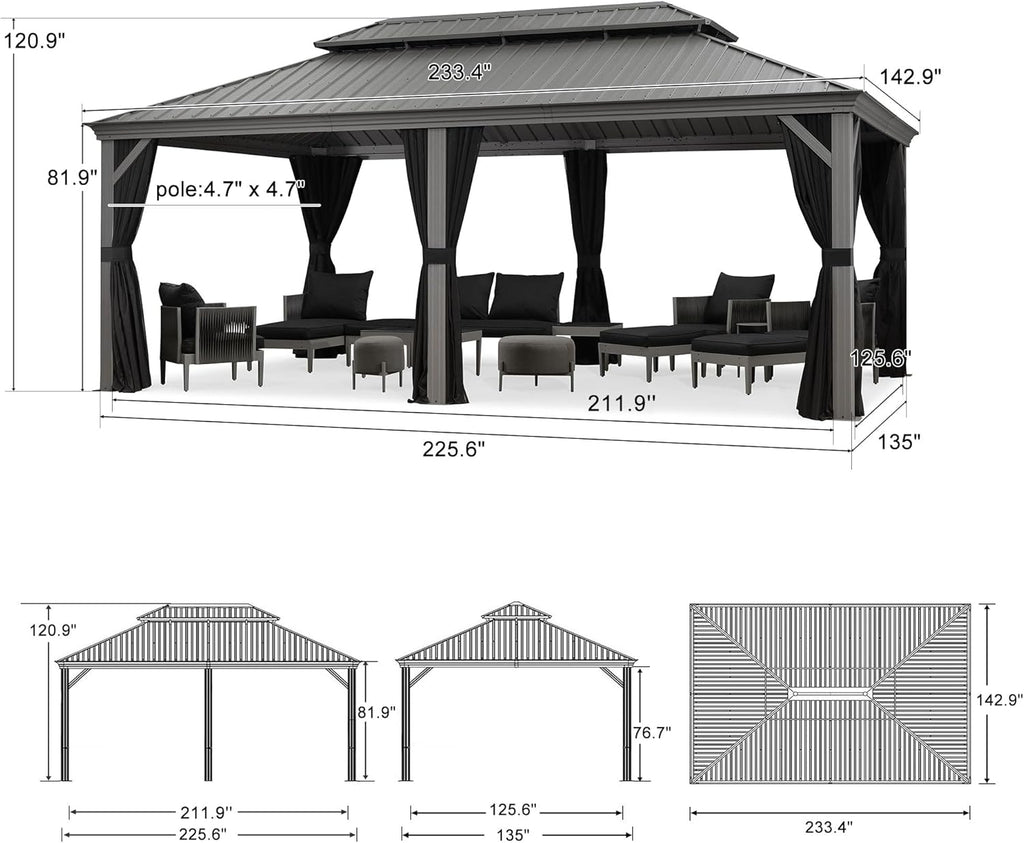 PURPLE LEAF Patio Gazebo for Pool Light Grey Hardtop Galvanized Steel Roof with Reinforcement Support Rod