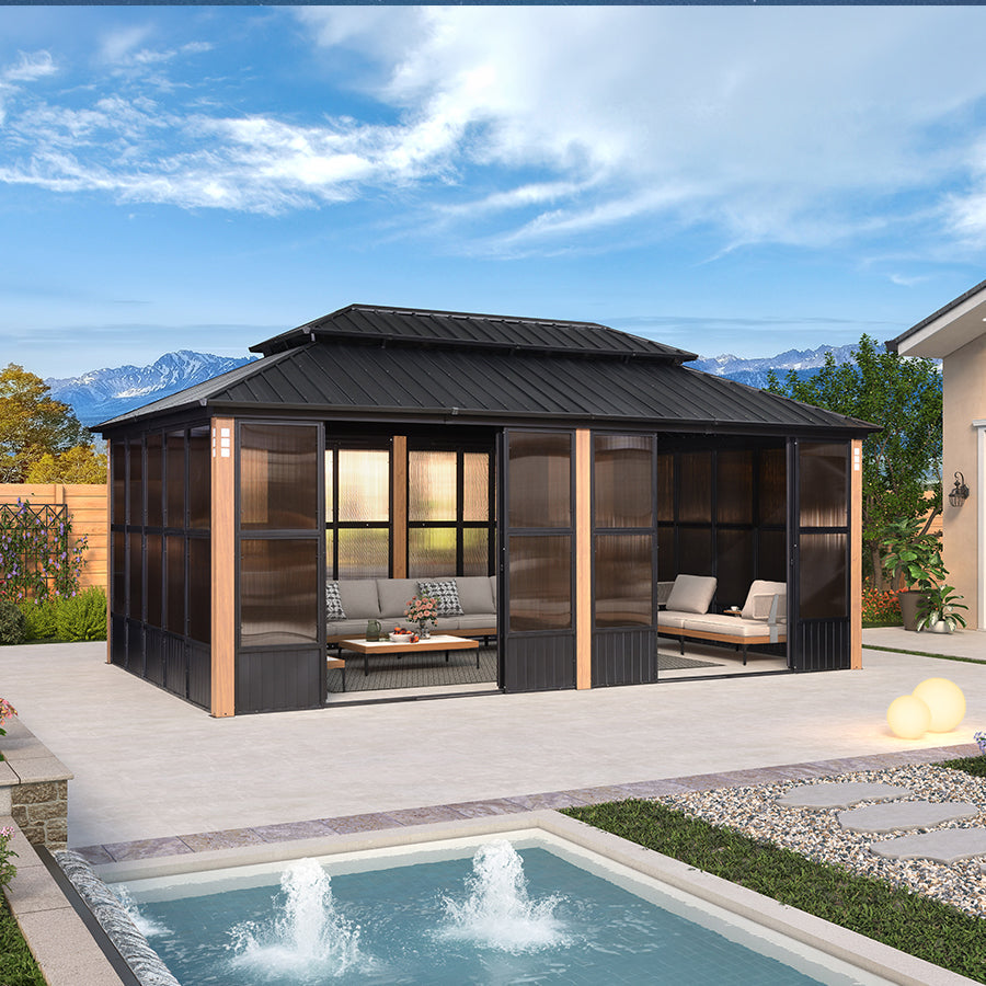 PURPLE LEAF Sunroom Hardtop Gazebo with Wood Grain Columns Black Frame Double Roof Galvanized Steel Solarium All-Weather Screen House