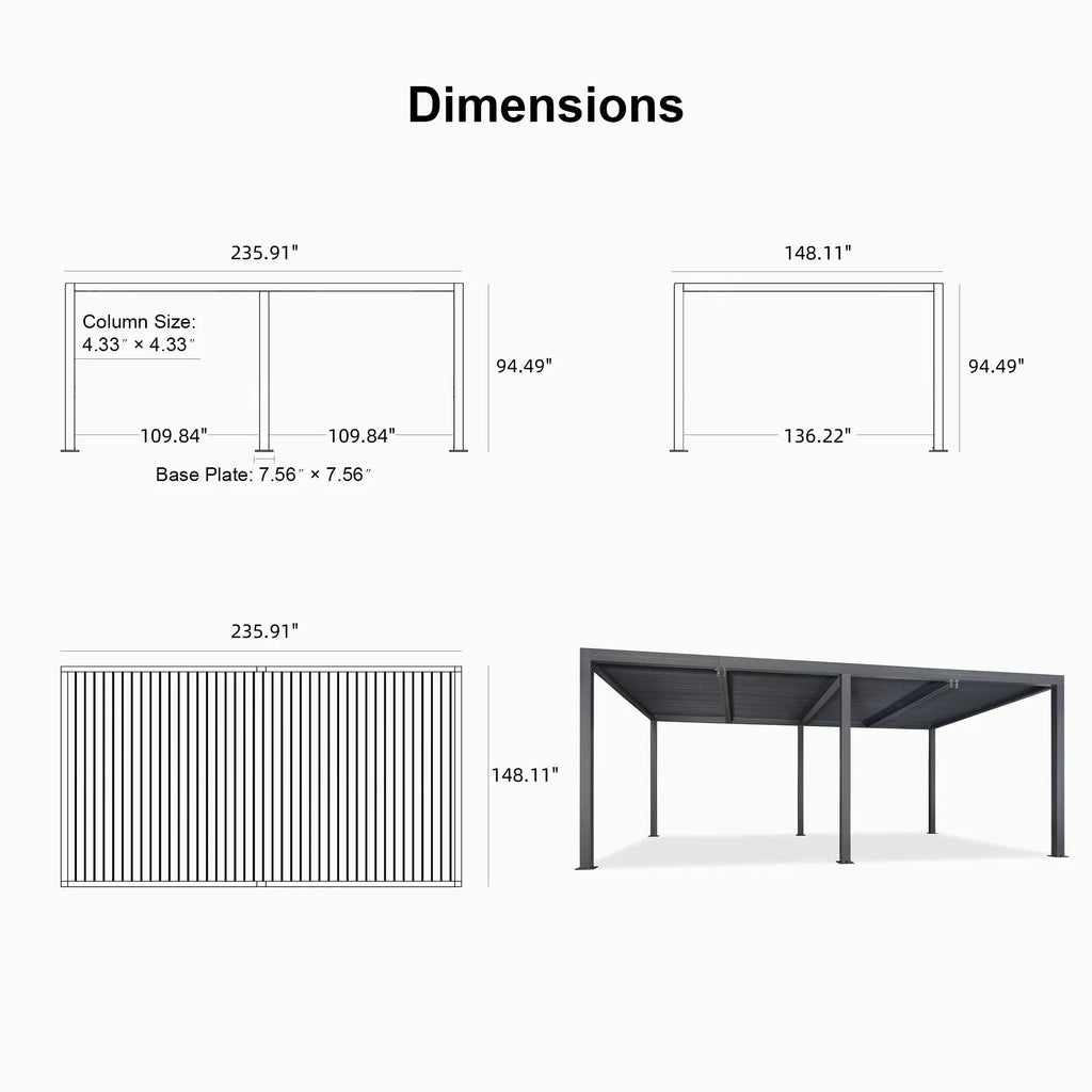 PURPLE LEAF Athena Louvered Pergola Grey Outdoor Aluminum Pergola with Solid Color Roller Blind Adjustable Gazebo for Patio Deck Garden