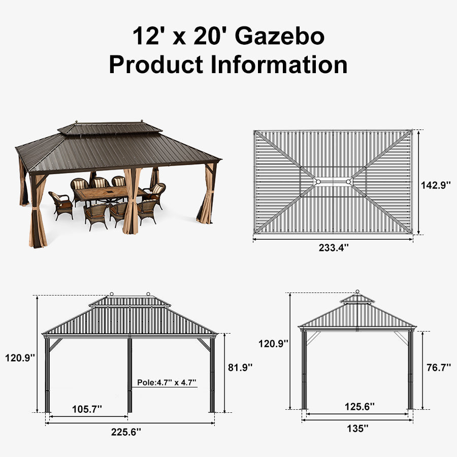 PURPLE LEAF Outdoor Hardtop Gazebo for Garden Bronze Double Roof Aluminum Frame Pavilion with String Lights-clear