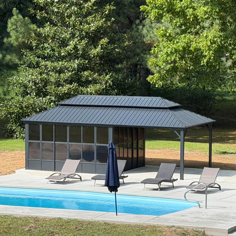 PURPLE LEAF Sunroom Hardtop Gazebo Solarium Grey Galvanized Steel Double Roof  All-Weather Aluminum Outdoor Screen House with String Lights
