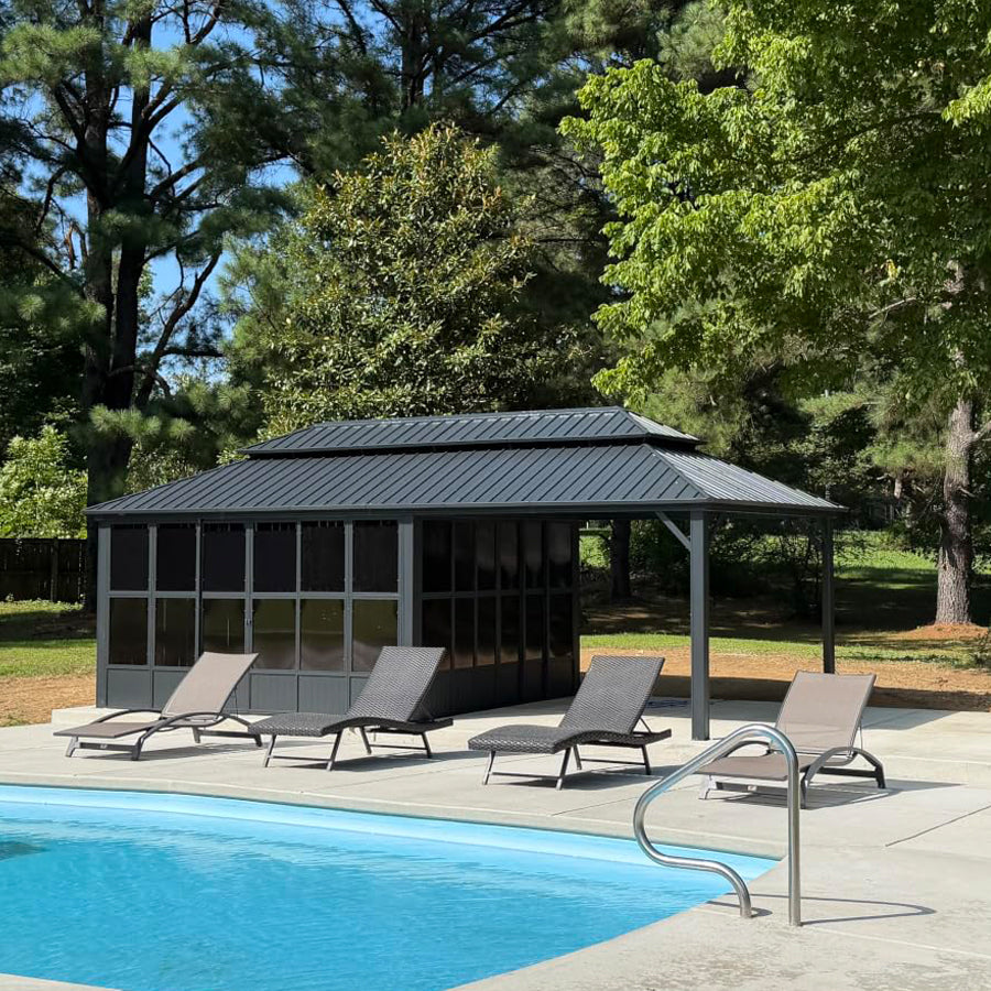 PURPLE LEAF Sunroom Hardtop Gazebo Solarium Grey Galvanized Steel Double Roof  All-Weather Aluminum Outdoor Screen House