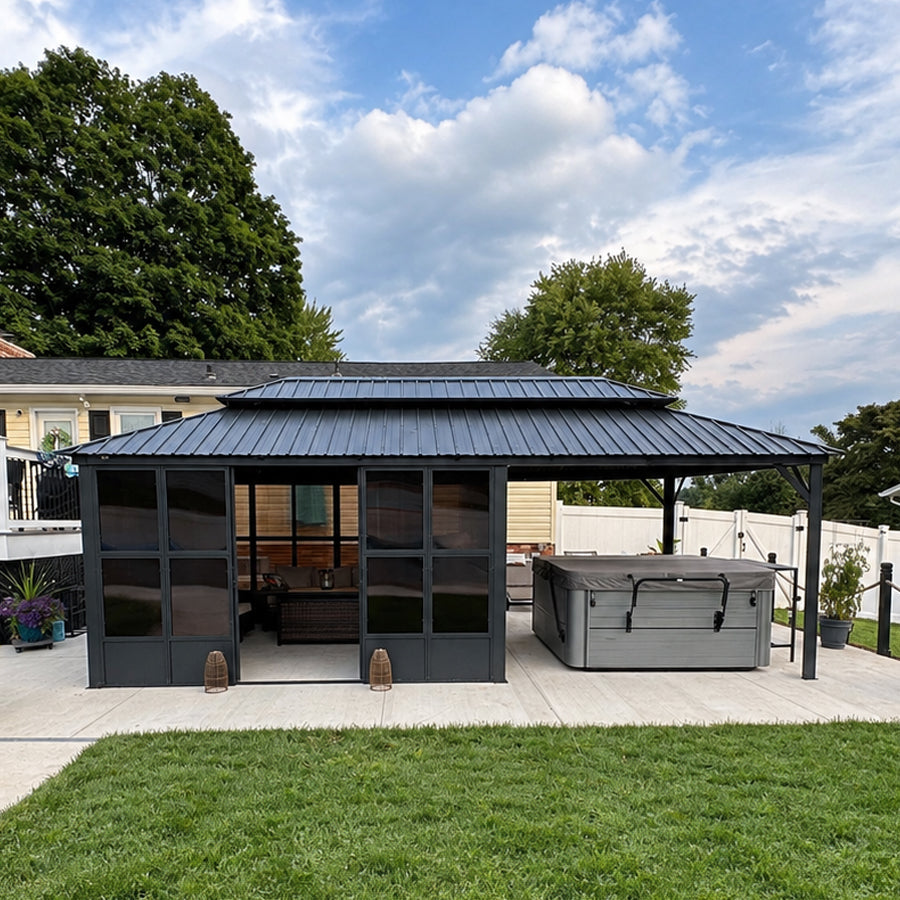 PURPLE LEAF Sunroom Hardtop Gazebo Solarium Grey Galvanized Steel Double Roof  All-Weather Aluminum Outdoor Screen House with String Lights